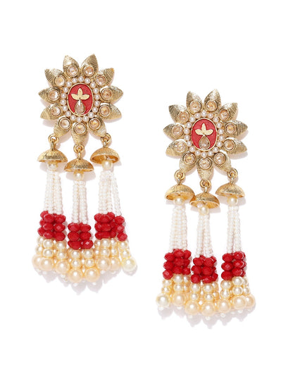 Floral Gold Plated Maroon Drop Earrings With Hanging Beads And Pearls For Women