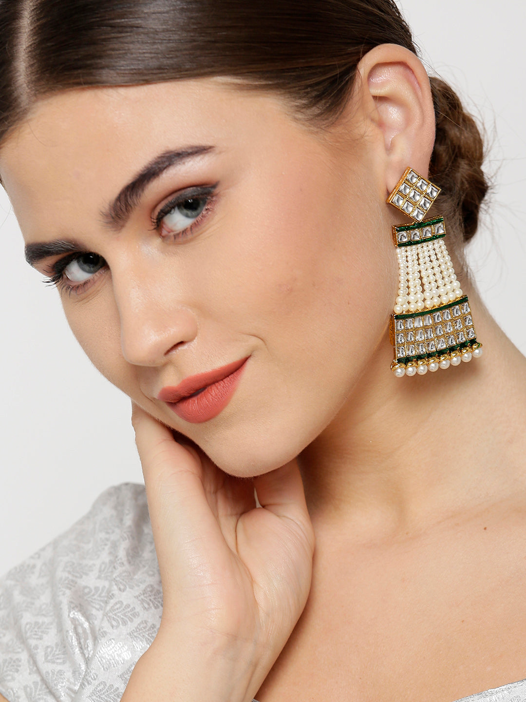 Gold-Plated Kundan and Pearls Studded Drop Earrings