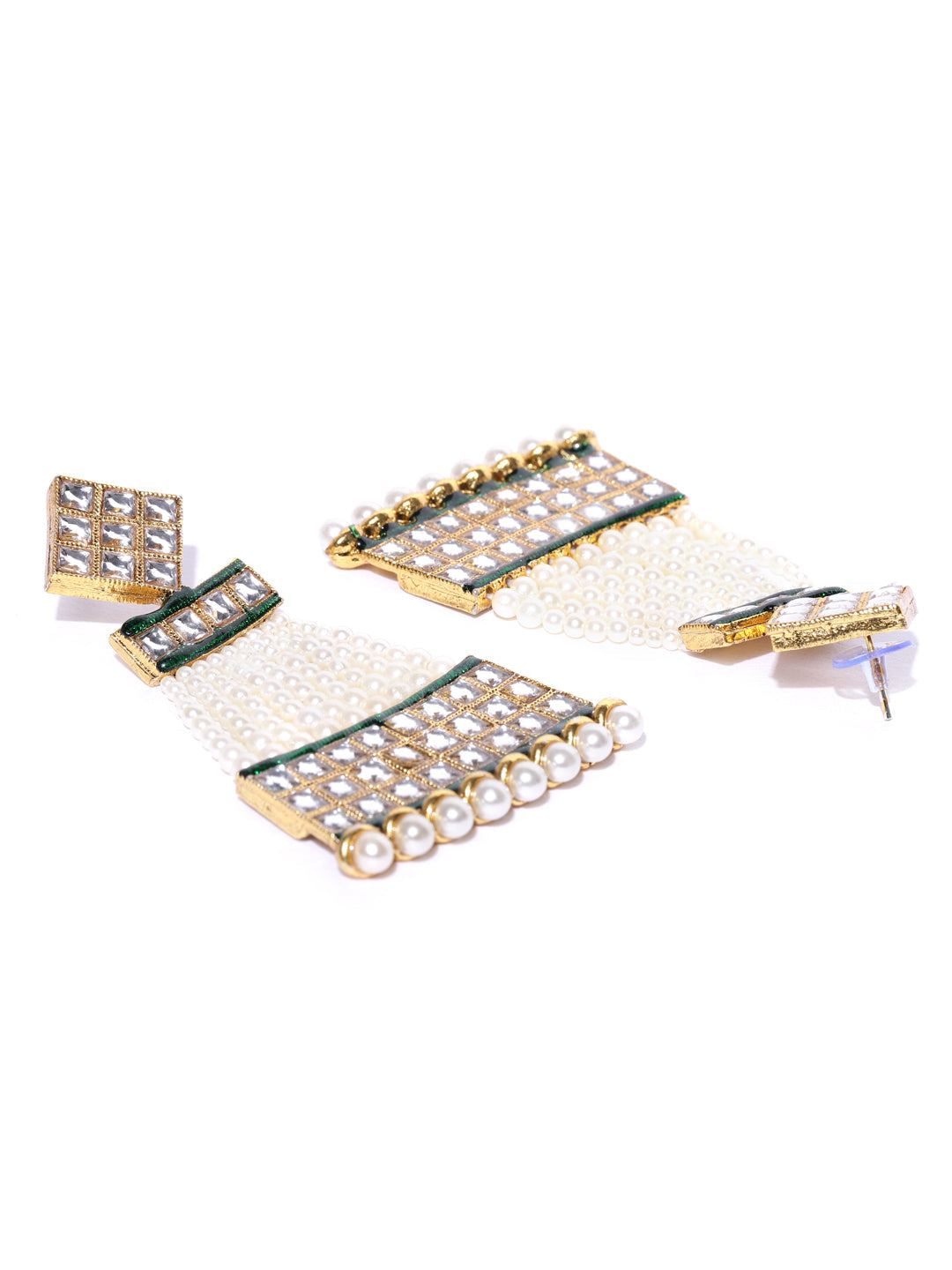 Gold-Plated Kundan and Pearls Studded Drop Earrings