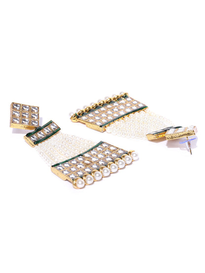 Gold-Plated Kundan and Pearls Studded Drop Earrings