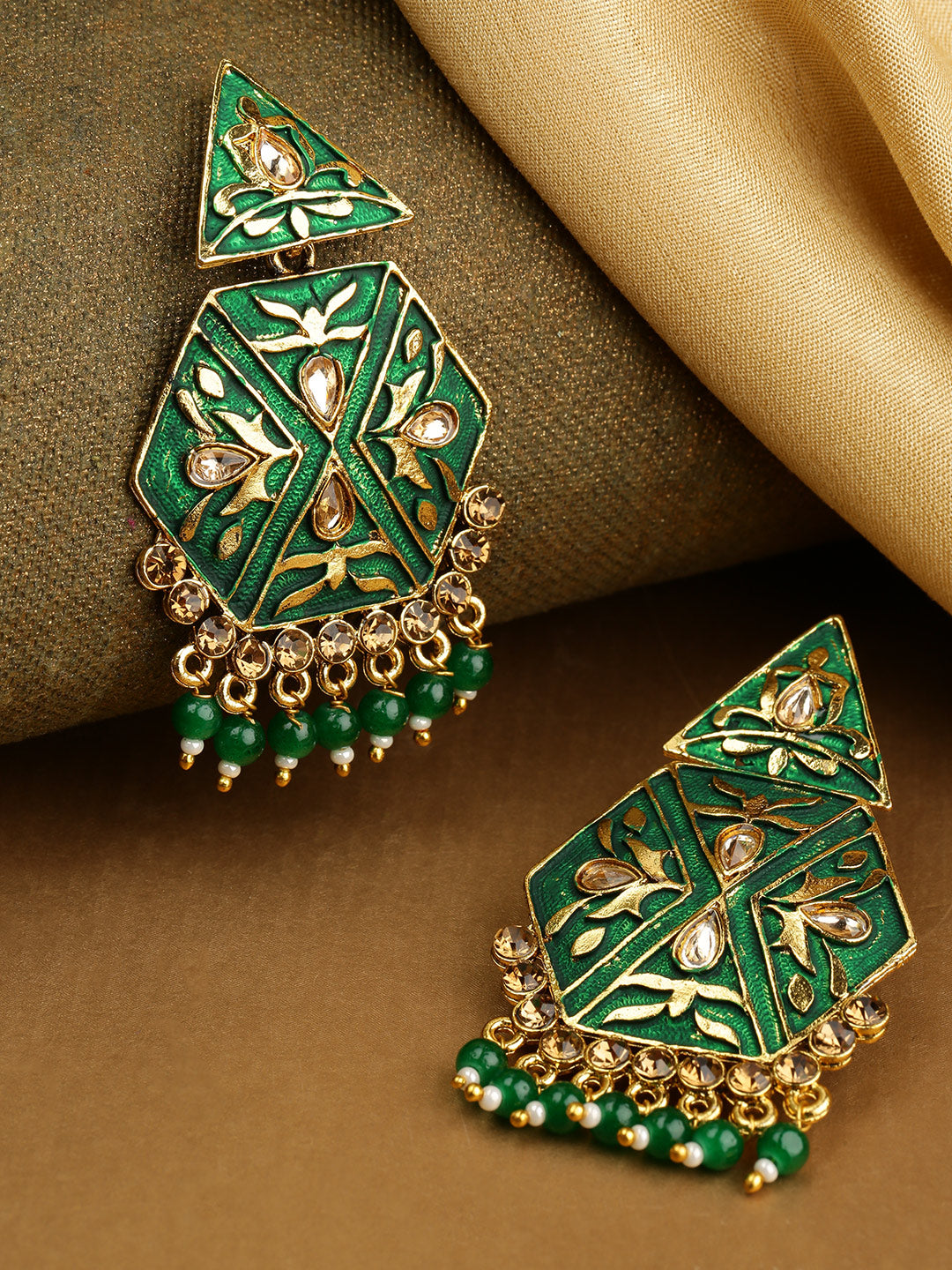 Gold-Plated Stone Studded, Geometric Inspired Drop Earrings with Beads Drop in Green Color