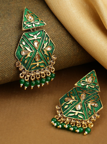 Gold-Plated Stone Studded, Geometric Inspired Drop Earrings with Beads Drop in Green Color
