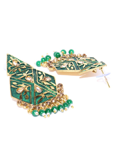 Gold-Plated Stone Studded, Geometric Inspired Drop Earrings with Beads Drop in Green Color