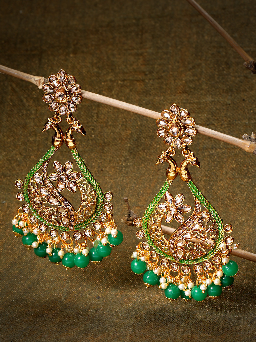 Gold-Plated Stones Studded Peacock Inspired Drop Earrings with Green Beads Drop