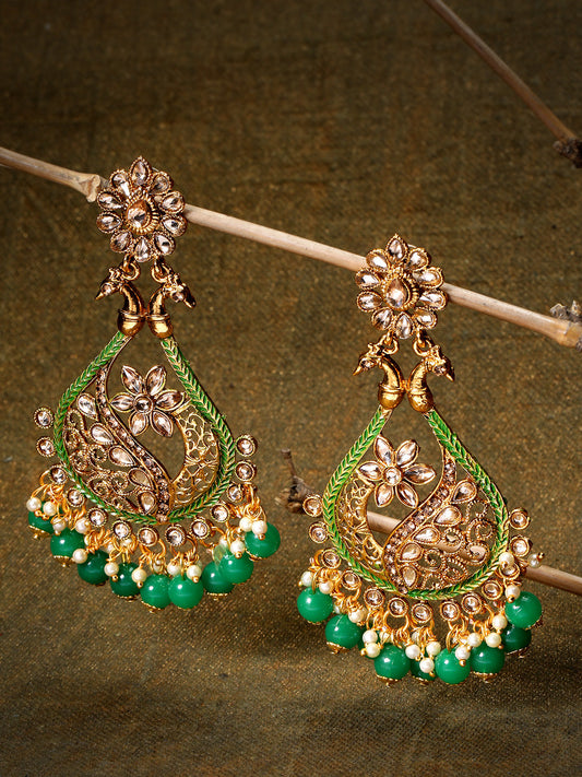 Gold-Plated Stones Studded Peacock Inspired Drop Earrings with Green Beads Drop