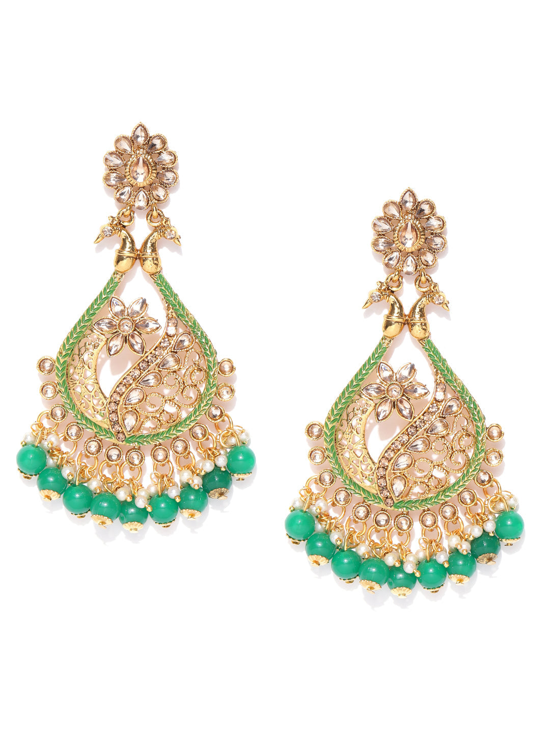 Gold-Plated Stones Studded Peacock Inspired Drop Earrings with Green Beads Drop