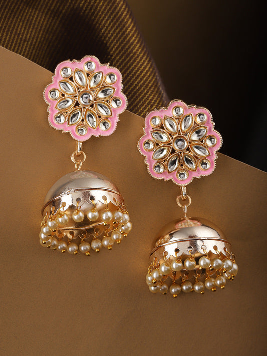 Gold-Plated Kundan Studded Floral Patterned Meenakari Jhumka Earrings in Pink Color with Pearls Drop