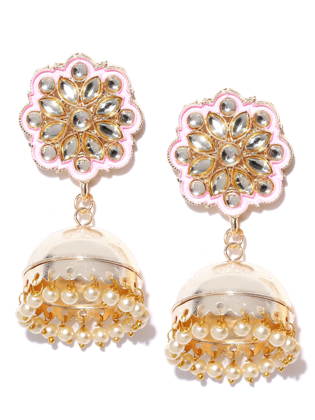 Gold-Plated Kundan Studded Floral Patterned Meenakari Jhumka Earrings in Pink Color with Pearls Drop