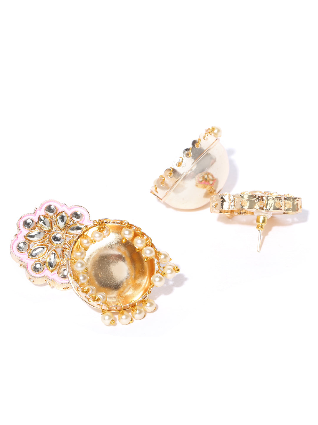 Gold-Plated Kundan Studded Floral Patterned Meenakari Jhumka Earrings in Pink Color with Pearls Drop
