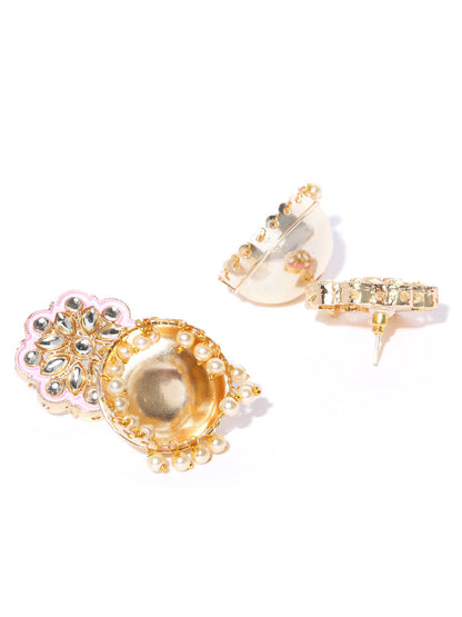 Gold-Plated Kundan Studded Floral Patterned Meenakari Jhumka Earrings in Pink Color with Pearls Drop