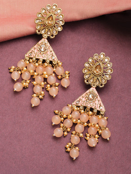 Gold-Plated Stone Studded Floral Patterned Meenakari Earrings with Beads Drop in Peach Color