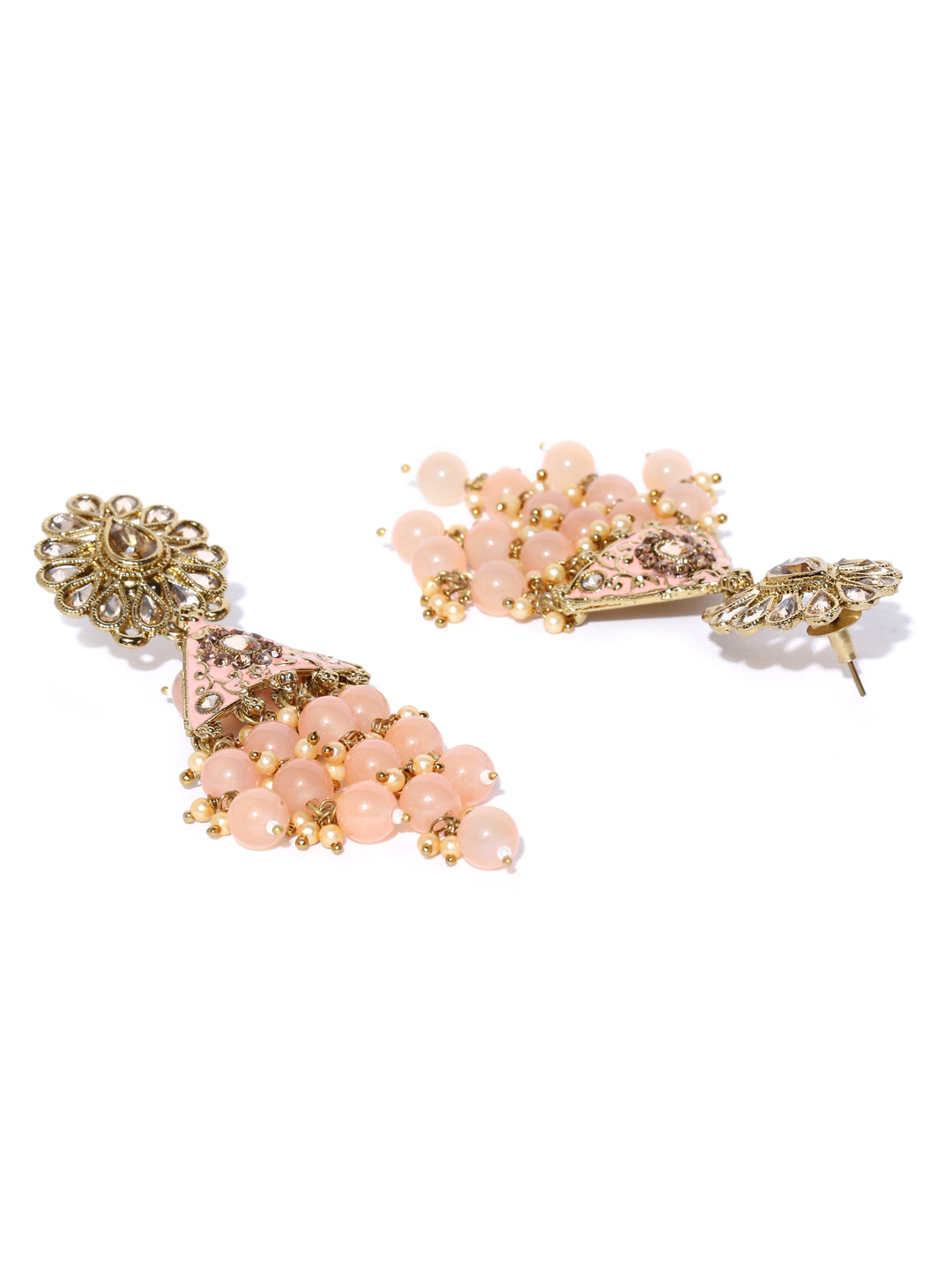 Gold-Plated Stone Studded Floral Patterned Meenakari Earrings with Beads Drop in Peach Color