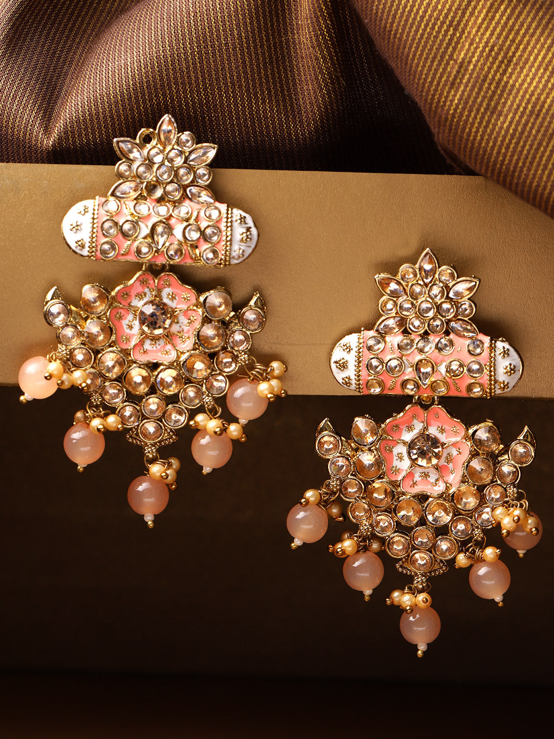 Gold-Plated Stone Studded Meenakari Earrings with Beads Drop in Peach Color