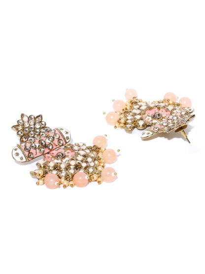 Gold-Plated Stone Studded Meenakari Earrings with Beads Drop in Peach Color