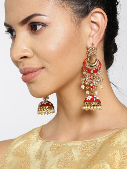 Gold-Plated Stones Studded Meenakari Jhumka Earrings in Maroon and White Color