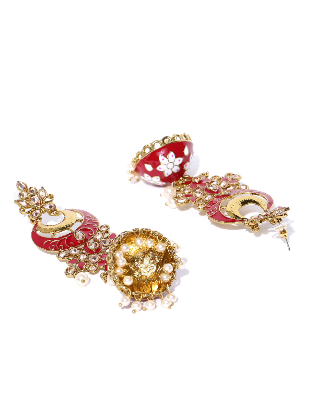 Gold-Plated Stones Studded Meenakari Jhumka Earrings in Maroon and White Color