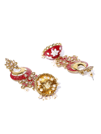 Gold-Plated Stones Studded Meenakari Jhumka Earrings in Maroon and White Color