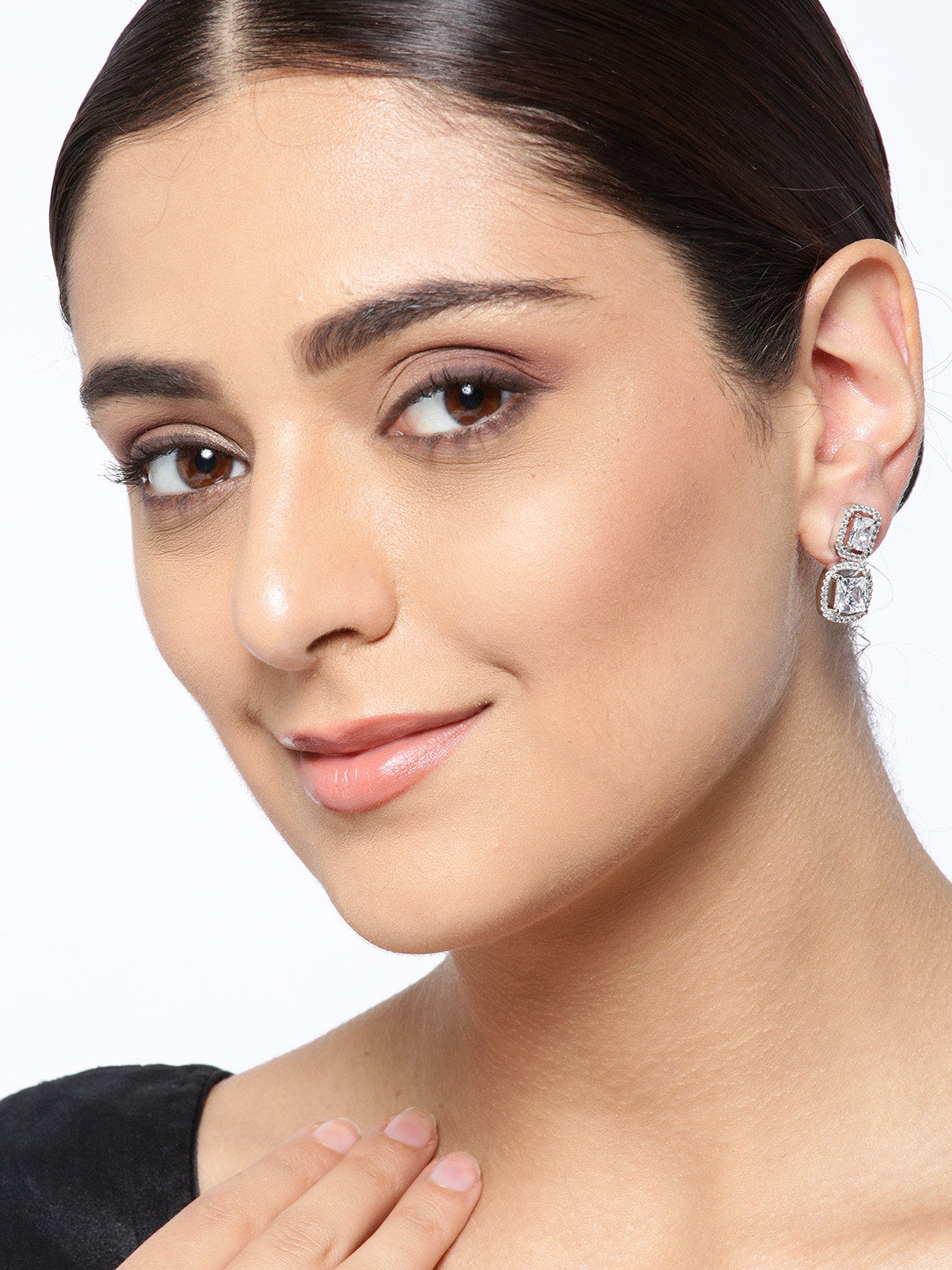 Rhodium-Plated American Diamond Studded Drop Earrings