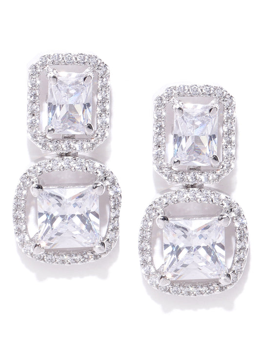Rhodium-Plated American Diamond Studded Drop Earrings