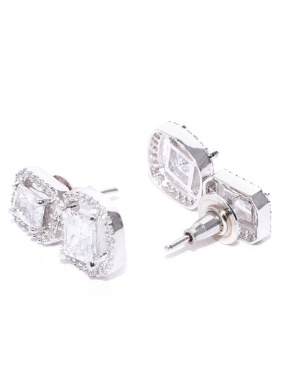 Rhodium-Plated American Diamond Studded Drop Earrings