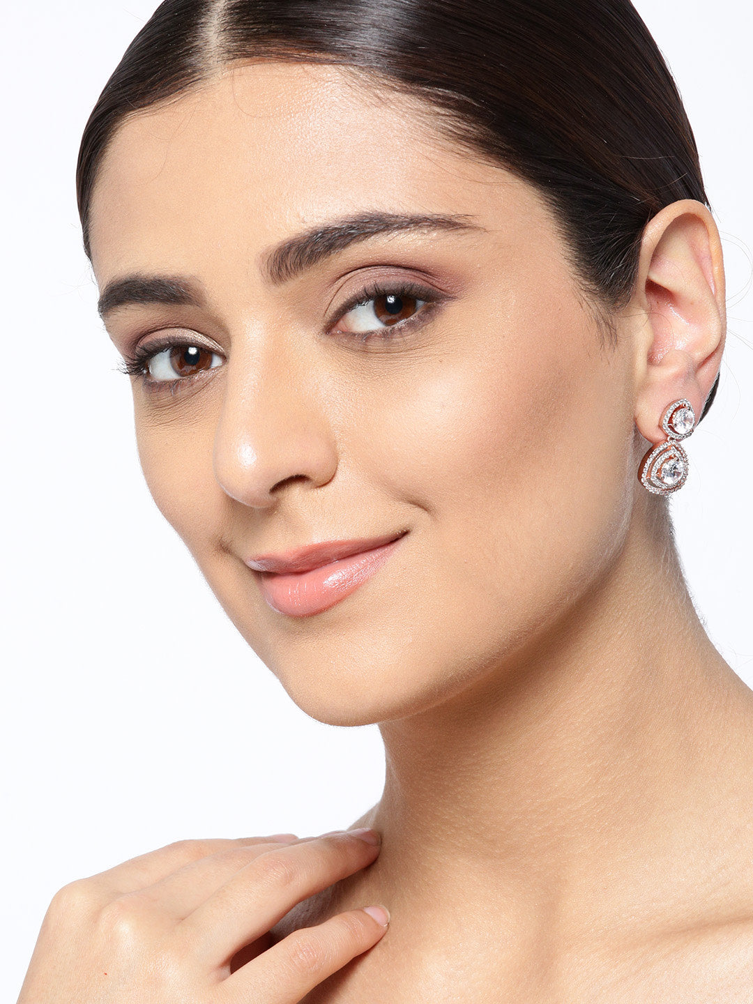 Rose Gold-Plated American Diamond Studded Drop Earrings