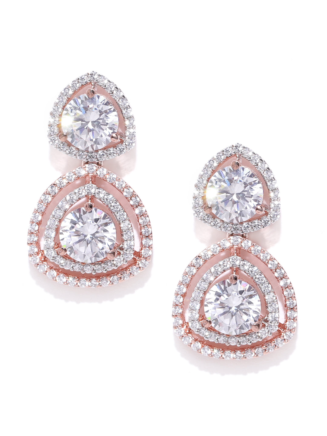 Rose Gold-Plated American Diamond Studded Drop Earrings