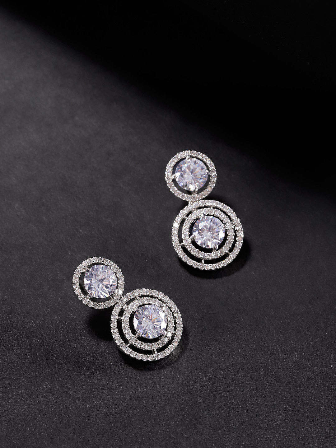 Affinity Halo-Circular Rhodium-Plated American Diamond Drop Earrings