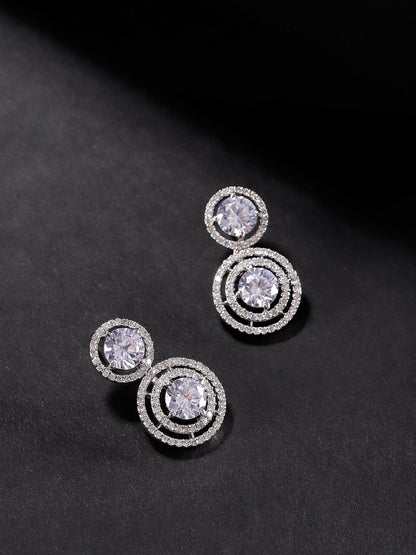 Affinity Halo-Circular Rhodium-Plated American Diamond Drop Earrings