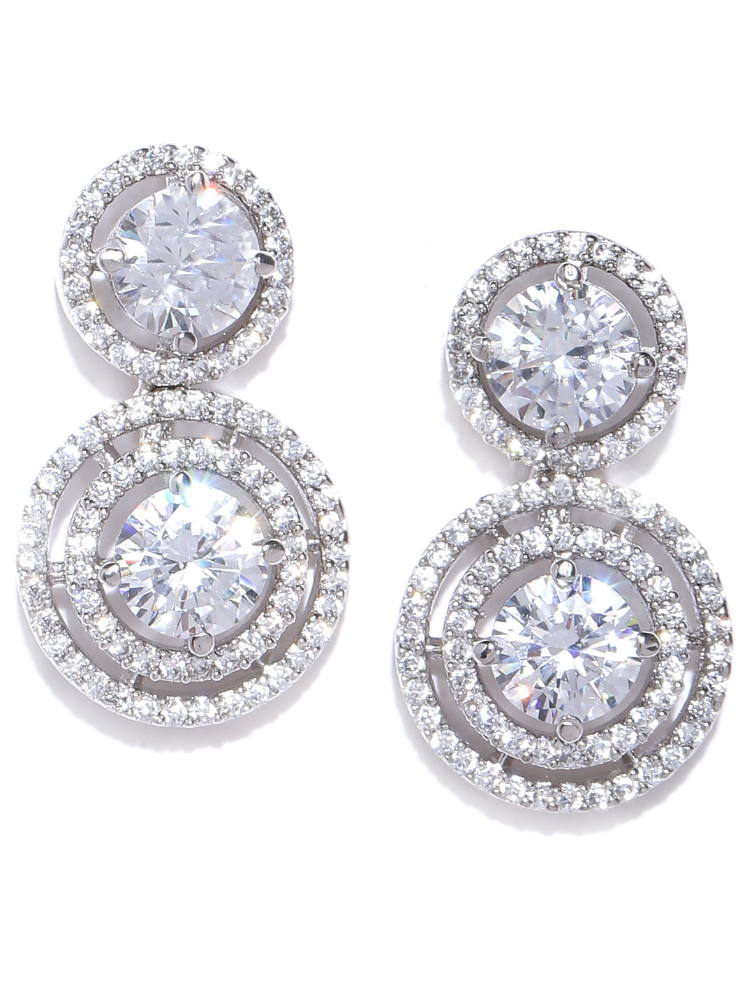 Affinity Halo-Circular Rhodium-Plated American Diamond Drop Earrings