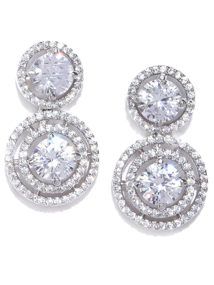 Affinity Halo-Circular Rhodium-Plated American Diamond Drop Earrings