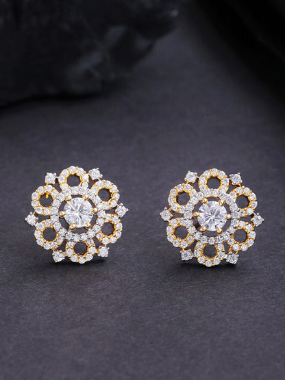 Gold-Plated American Diamond Studded Stud Earrings in Floral Pattern