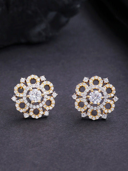 Gold-Plated American Diamond Studded Stud Earrings in Floral Pattern