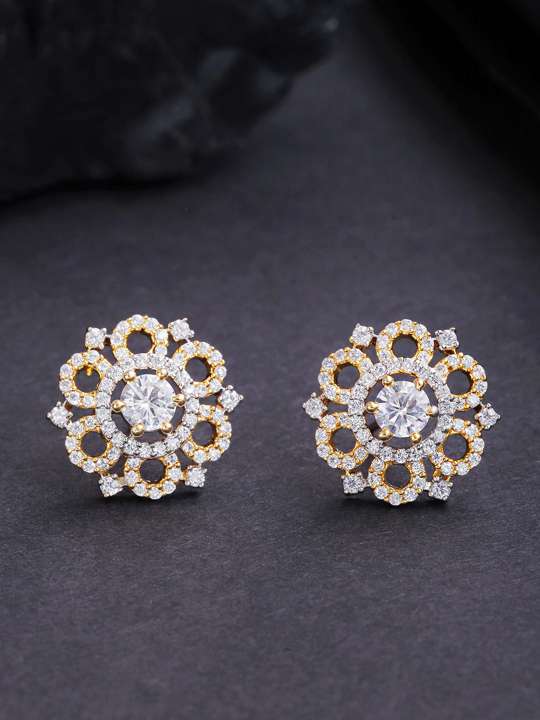 Gold-Plated American Diamond Studded Stud Earrings in Floral Pattern