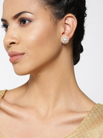 Gold-Plated American Diamond Studded Stud Earrings in Floral Pattern