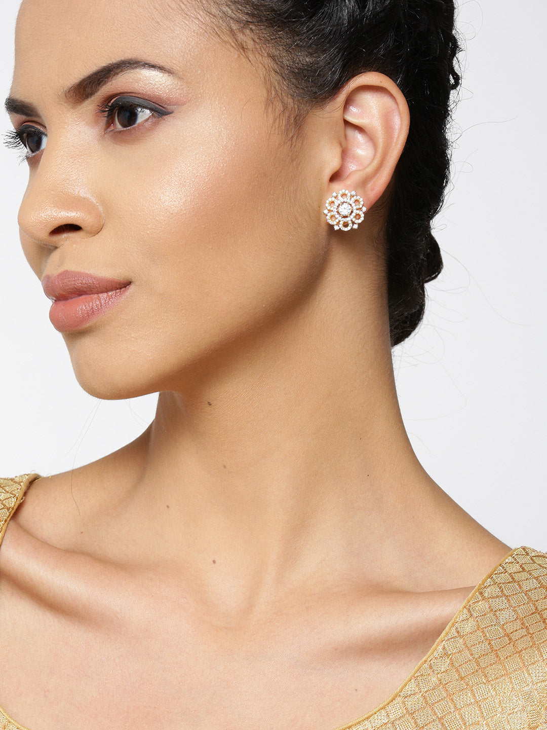 Gold-Plated American Diamond Studded Stud Earrings in Floral Pattern