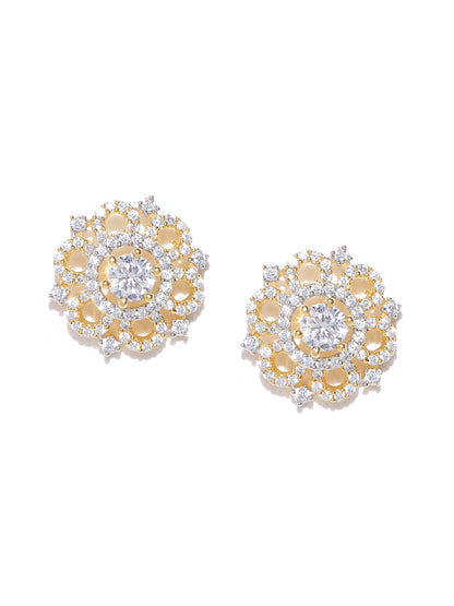 Gold-Plated American Diamond Studded Stud Earrings in Floral Pattern