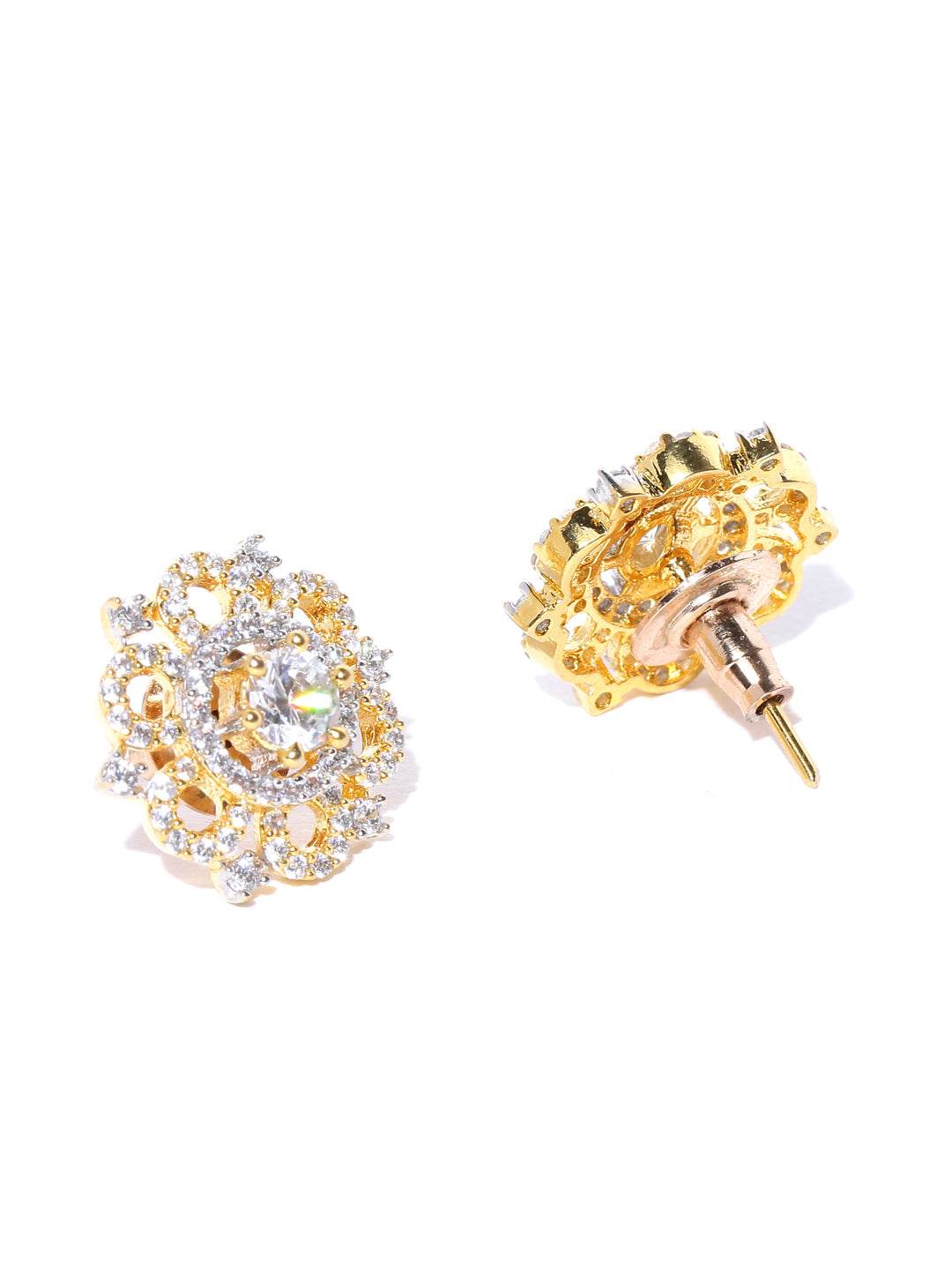 Gold-Plated American Diamond Studded Stud Earrings in Floral Pattern