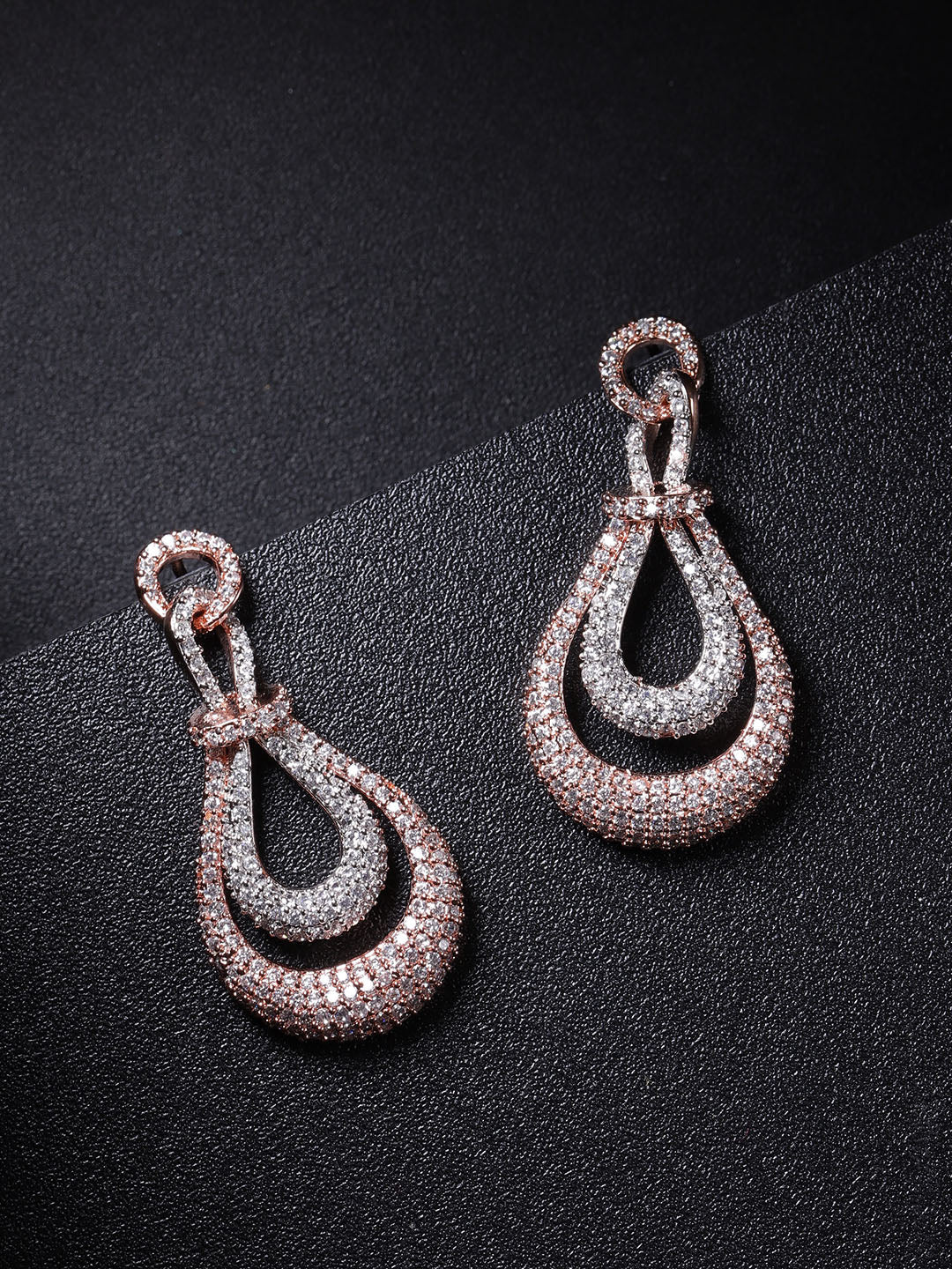Rose Gold-Plated American Diamond Studded Drop Earrings