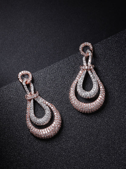 Rose Gold-Plated American Diamond Studded Drop Earrings