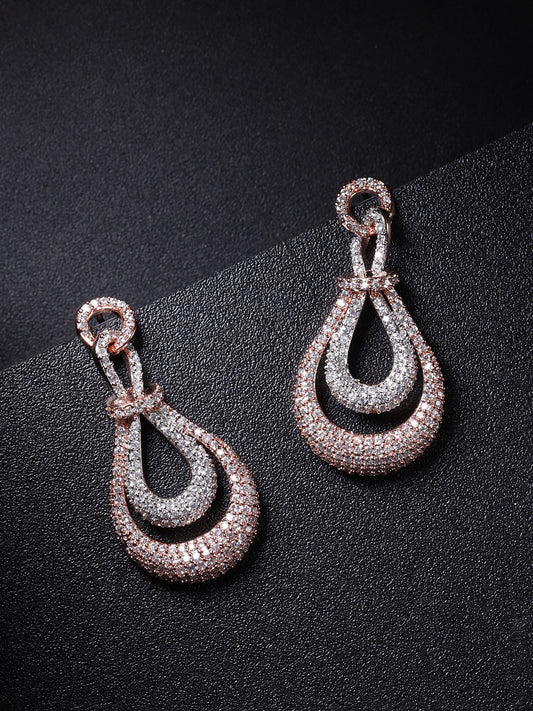 Rose Gold-Plated American Diamond Studded Drop Earrings