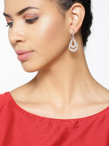 Rose Gold-Plated American Diamond Studded Drop Earrings
