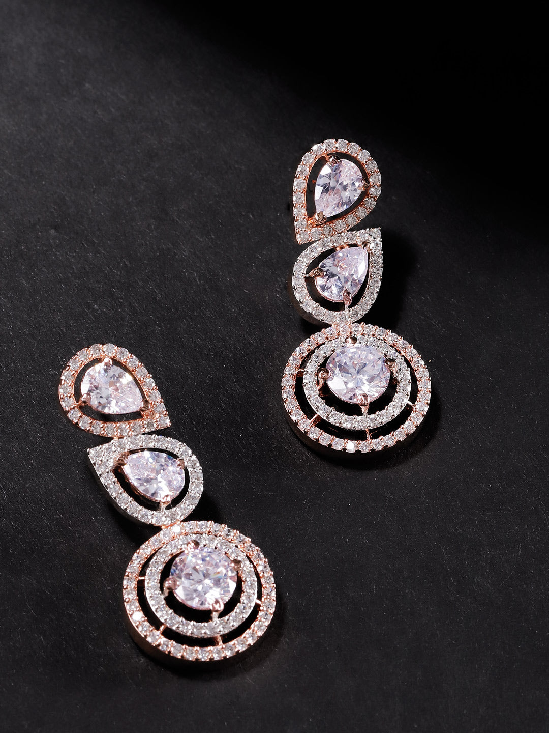 Rose Gold-Plated American Diamond Studded Drop Earrings