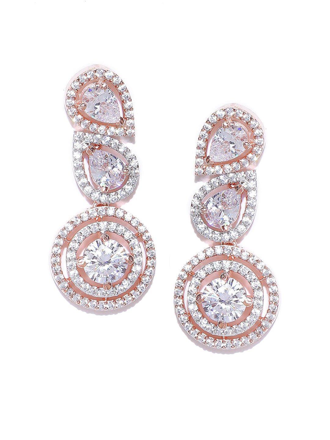 Rose Gold-Plated American Diamond Studded Drop Earrings