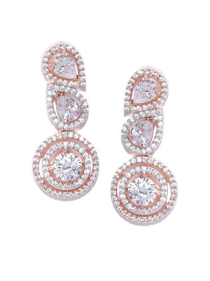 Rose Gold-Plated American Diamond Studded Drop Earrings