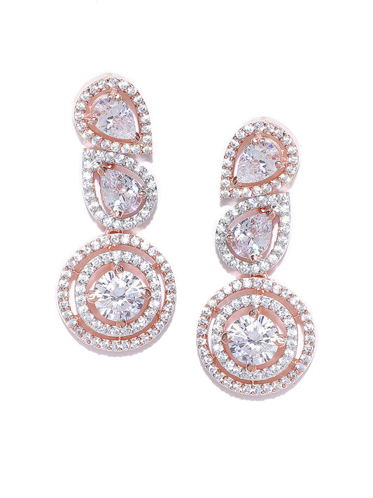 Rose Gold-Plated American Diamond Studded Drop Earrings