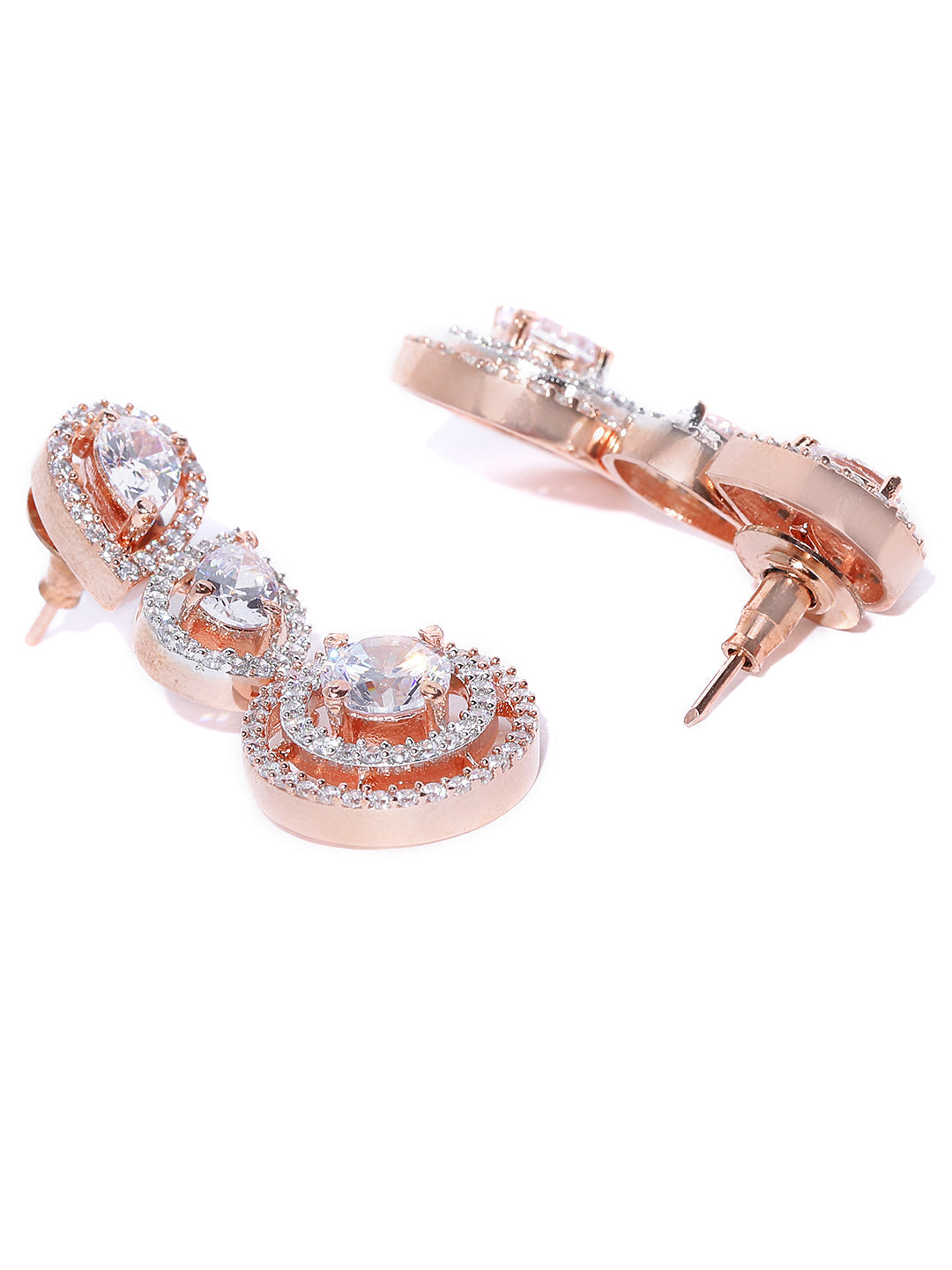 Rose Gold-Plated American Diamond Studded Drop Earrings