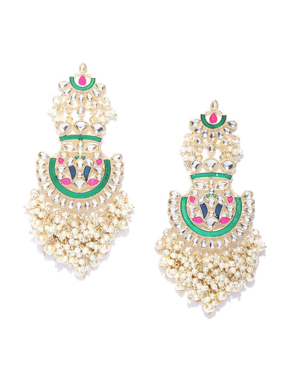 Gold Plated Kundan Studded Off-White Beaded Multicolor Drop Earrings