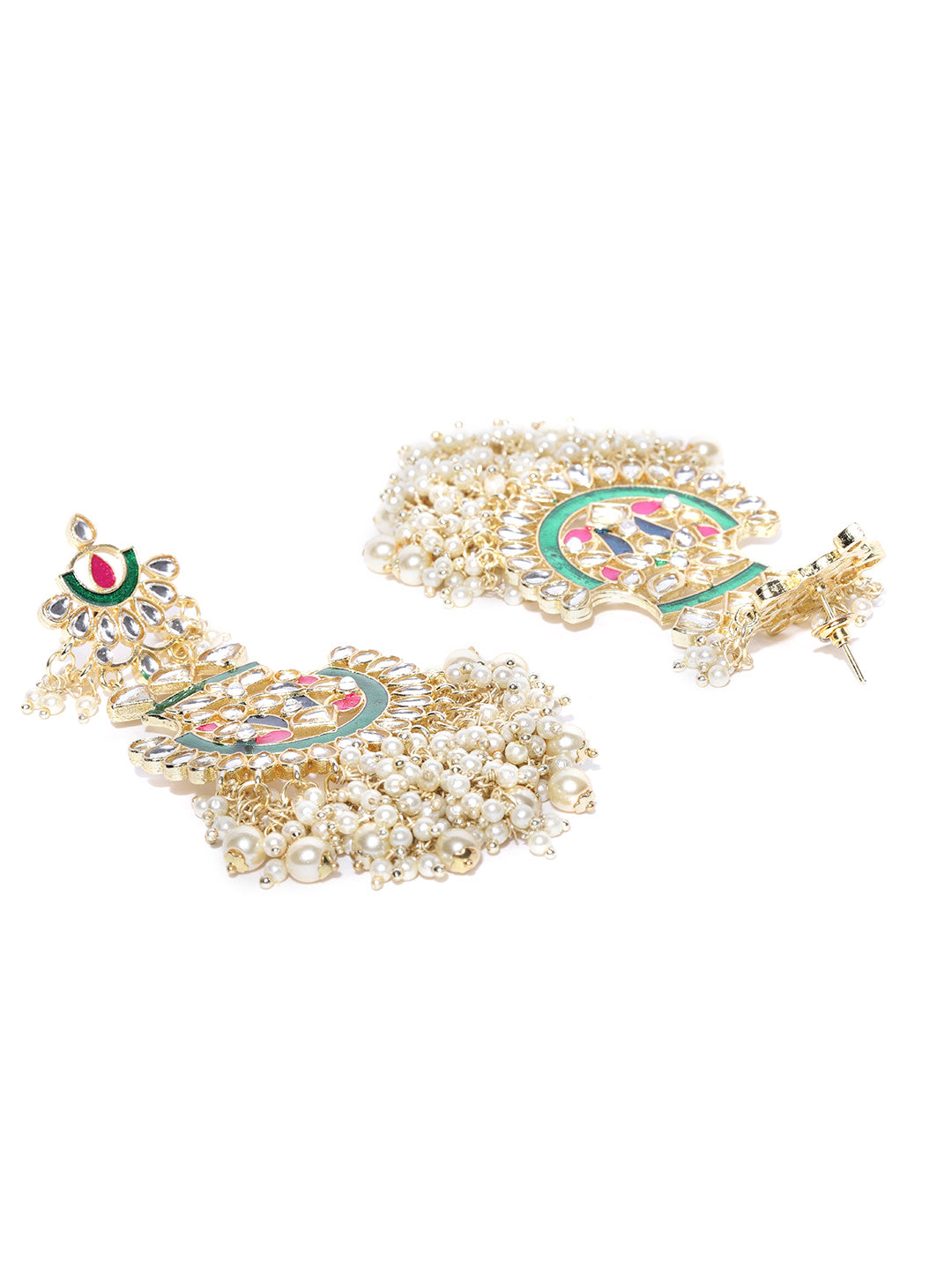 Gold Plated Kundan Studded Off-White Beaded Multicolor Drop Earrings