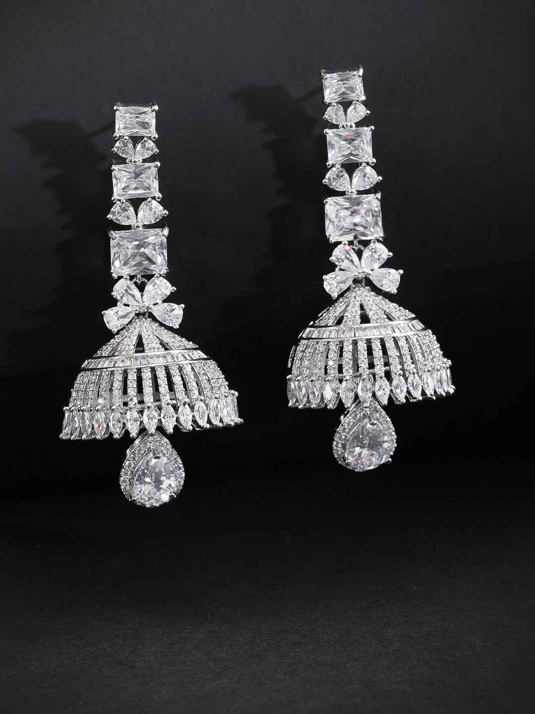 Silver Plated American Diamond Studded Party Wear Jhumka Earrings