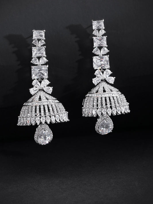 Silver Plated American Diamond Studded Party Wear Jhumka Earrings